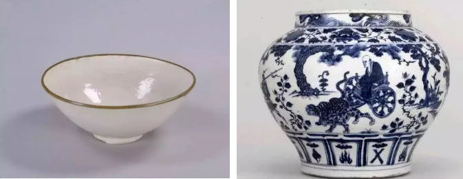 元代以后，青花瓷（右）逐漸取代了定瓷（左）