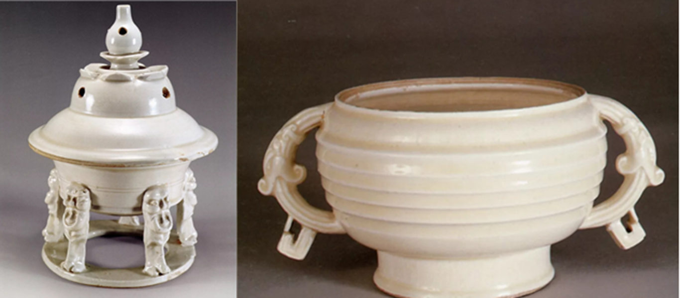 收藏于定州博物館的宋代定窯五獸足熏爐（左），中國臺北故宮博物院收藏的定窯簋式爐（右）